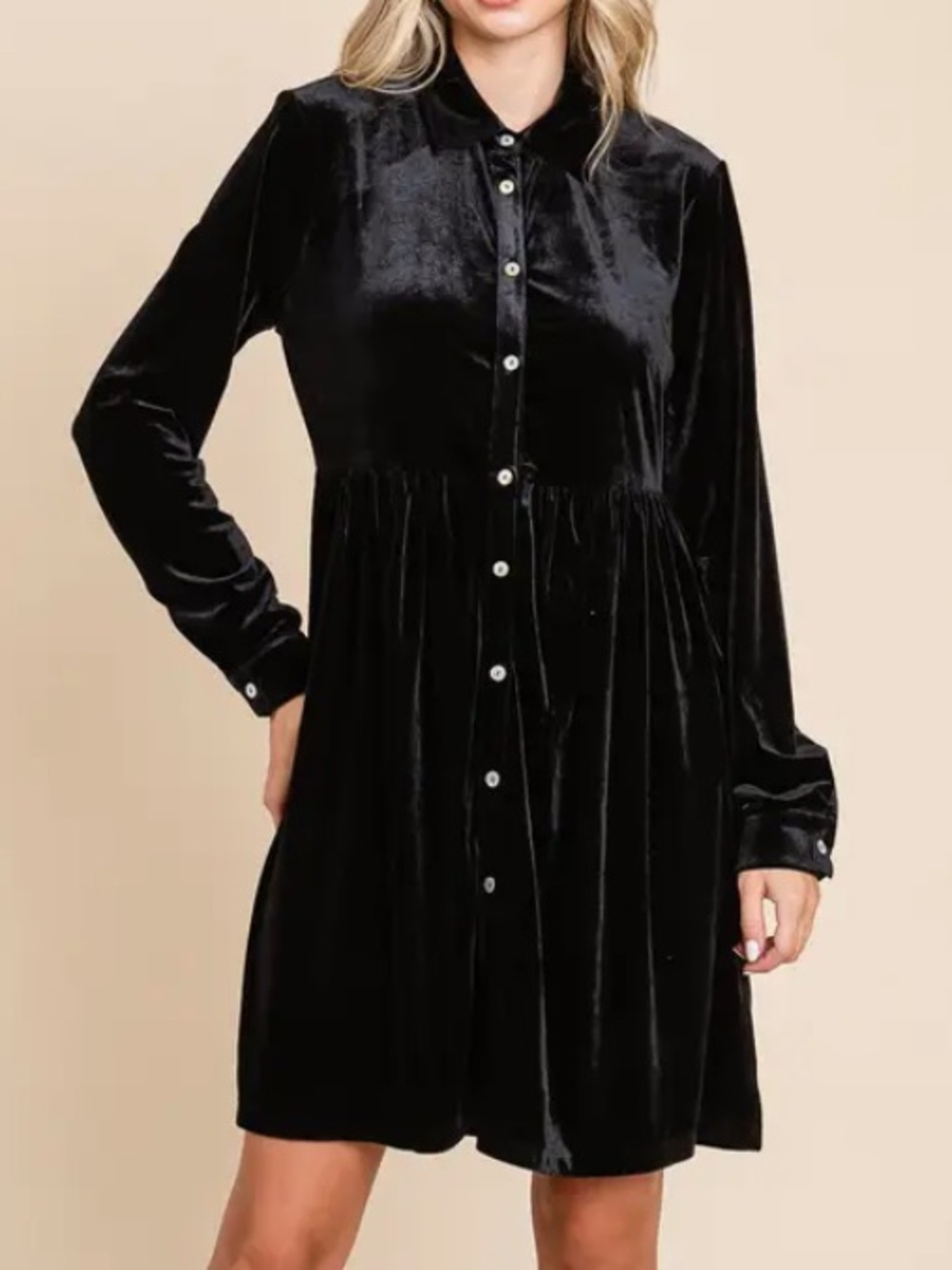 Black Velvet Button-Front Mini Dress